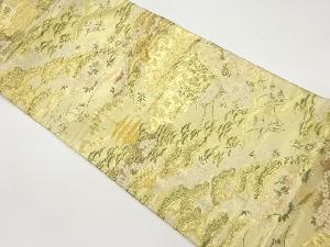 寺院に松・草花模様織出し袋帯